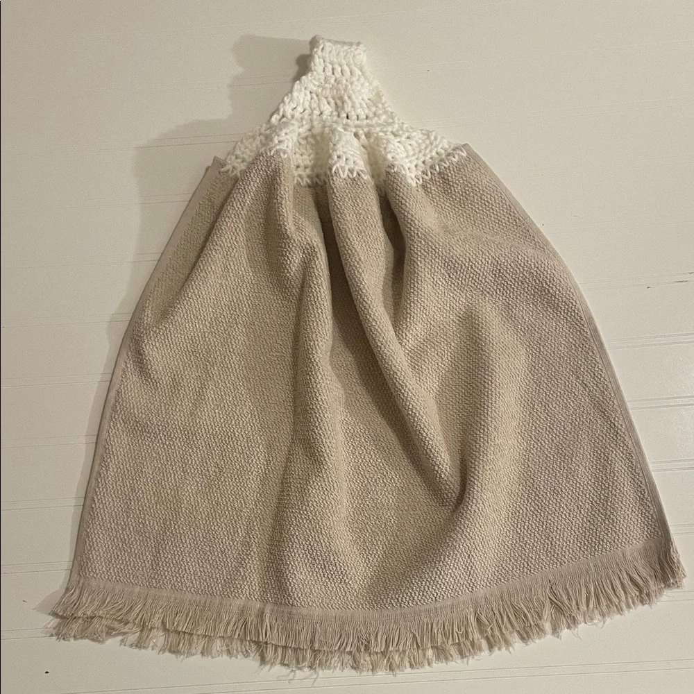 New Hanging Hand Towel Crocheted Top Kitchen Towel Tan Button Closure